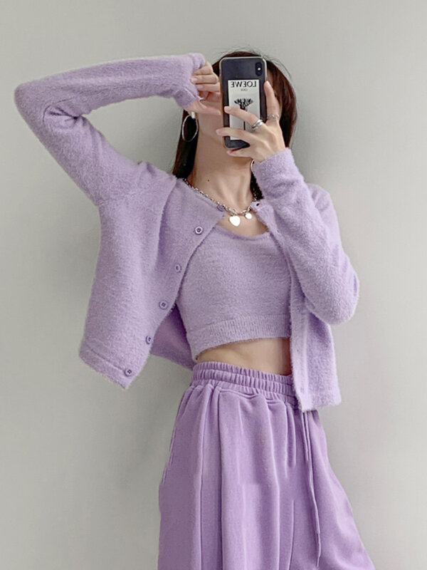 Jesień dwuczęściowy sweter kamizelka damska krótki otwarty pępek kamizelka pończoch dziergany sweter koreański moda krótki Top zestaw Y2k ubrania