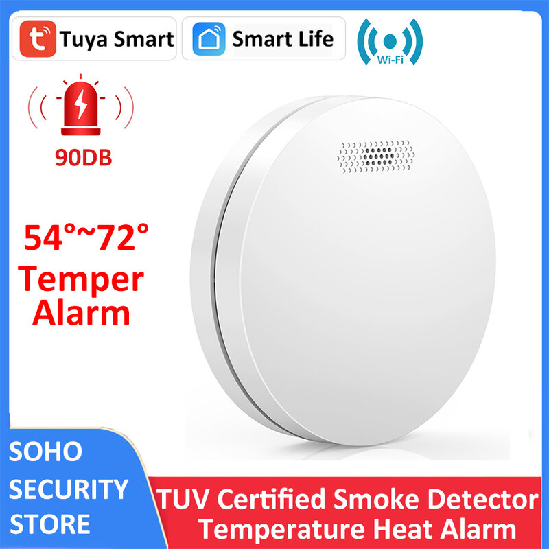 EN14604 Certificado Tuya WiFi Detector de humo Sensor Alarma de incendio Sistema de seguridad para el hogar 80DB Sirena Notificación de aplicación de protección contra incendios