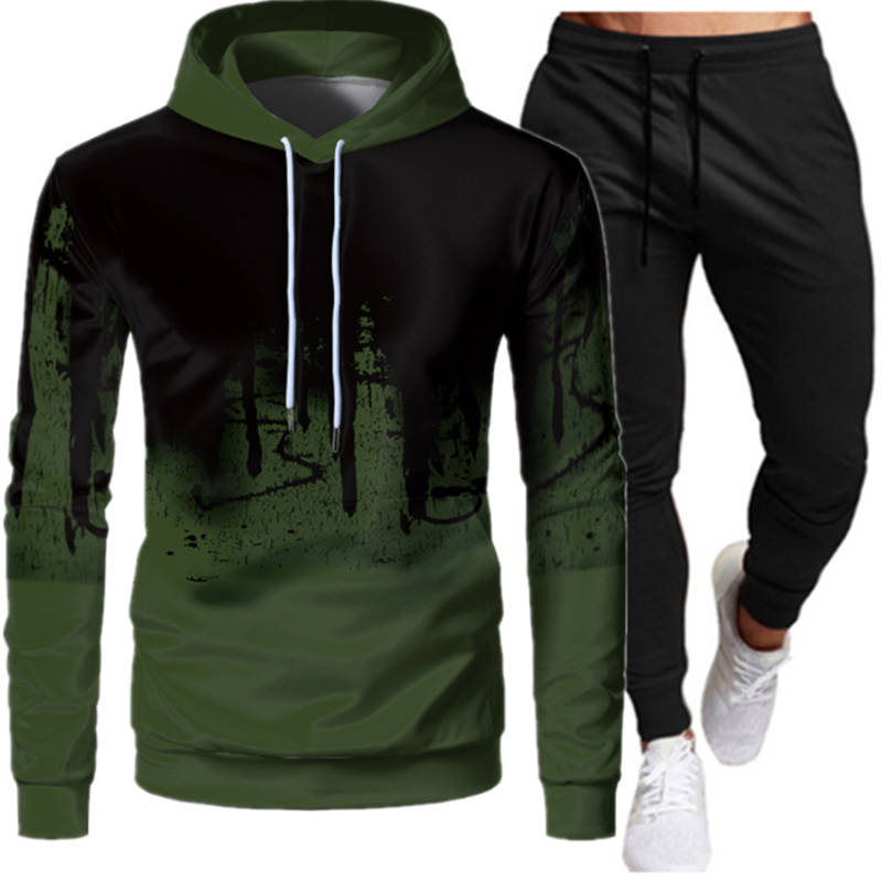 2022 Winter Hot Selling Men's Suit Printed Hoodie Wool Zipper Hoodie Sweatshirt + Trousers Casual Men's Sportswear