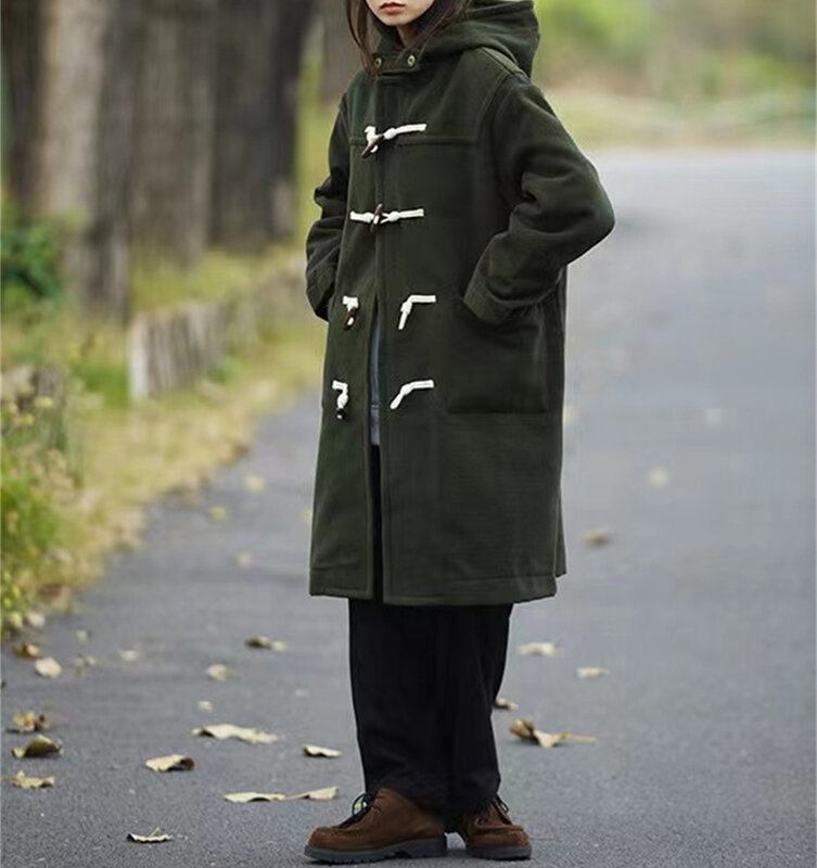 Chaqueta de invierno para hombre, abrigo Retro con capucha y botón de cuerno, largo medio, holgado, a prueba de viento, estilo militar Preppy, Unisex
