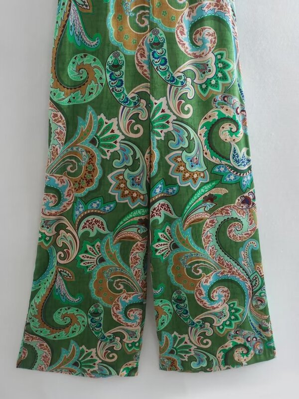 Women Vintage V Neck Paisley Floral Print Casual Wide Leg Pants Jumpsuits Chic Female Back Zipper Sashes Rompers