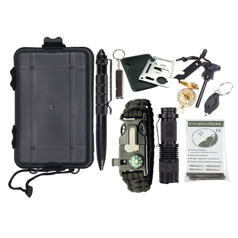 Kit de emergencia para uso doméstico, caja de herramientas multifuncional para supervivencia, acampar al aire libre, manta de emergencia, linterna, silbato