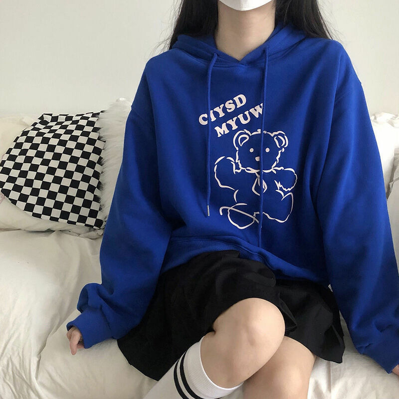 Klein Blue Snowman print Hoodie women's autumn winter Plush thickened Pullover women's oversized pin bow loose Hoodie Top