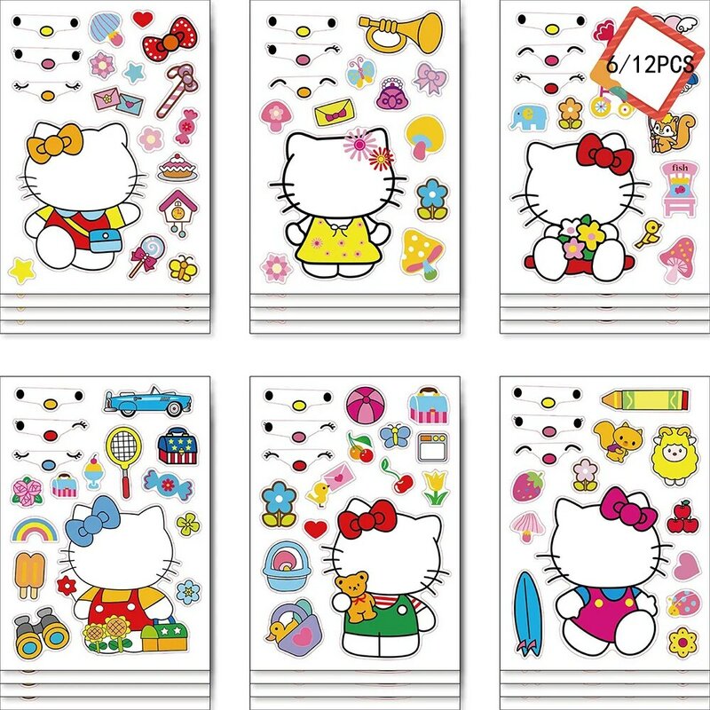 Pegatinas de rompecabezas de Hello Kitty para niños, juegos de hacer una cara, rompecabezas de ensamblaje divertido, juguete educativo para niños, regalo de fiesta, 6 o 12 hojas