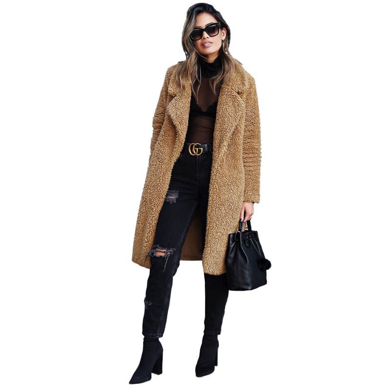 Women Black Faux Fur Plus Size Long Sleeve Teddy Jacket Top Fall Winter Fashion Thick Mid-length Plush Coat Harajuku Office Lady