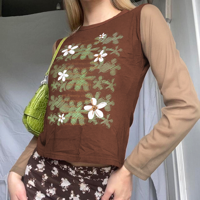 Женская винтажная мода футболка с длинным рукавом Y2k, осенняя уличная одежда в стиле Харадзюку, тонкая длинная футболка, топы
