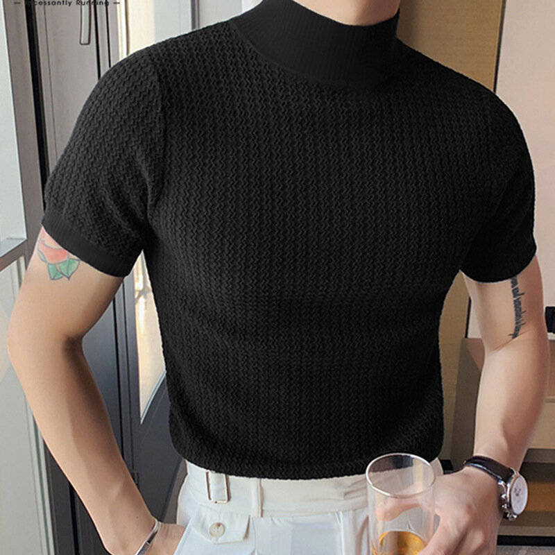 Yileegoo เสื้อยืด atasan rajut คอสูงสำหรับผู้ชายเสื้อยืดออกไปข้างนอกแบบลำลองกระชับเสื้อแขนสั้นรัดรูปแนวสตรีท