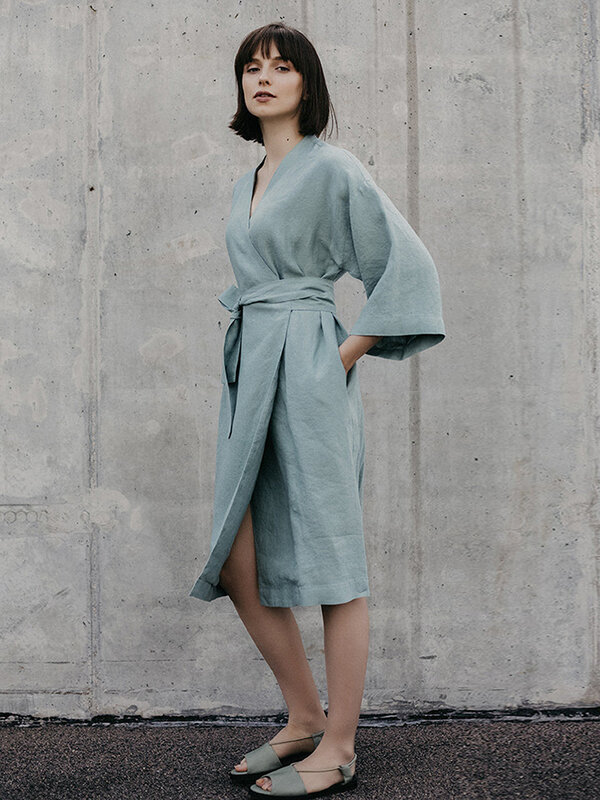 Hiloc luz irregular roupões de banho para cobertura meados de bezerro algodão roupões de banho de manga três quartos vestidos de quimono feminino