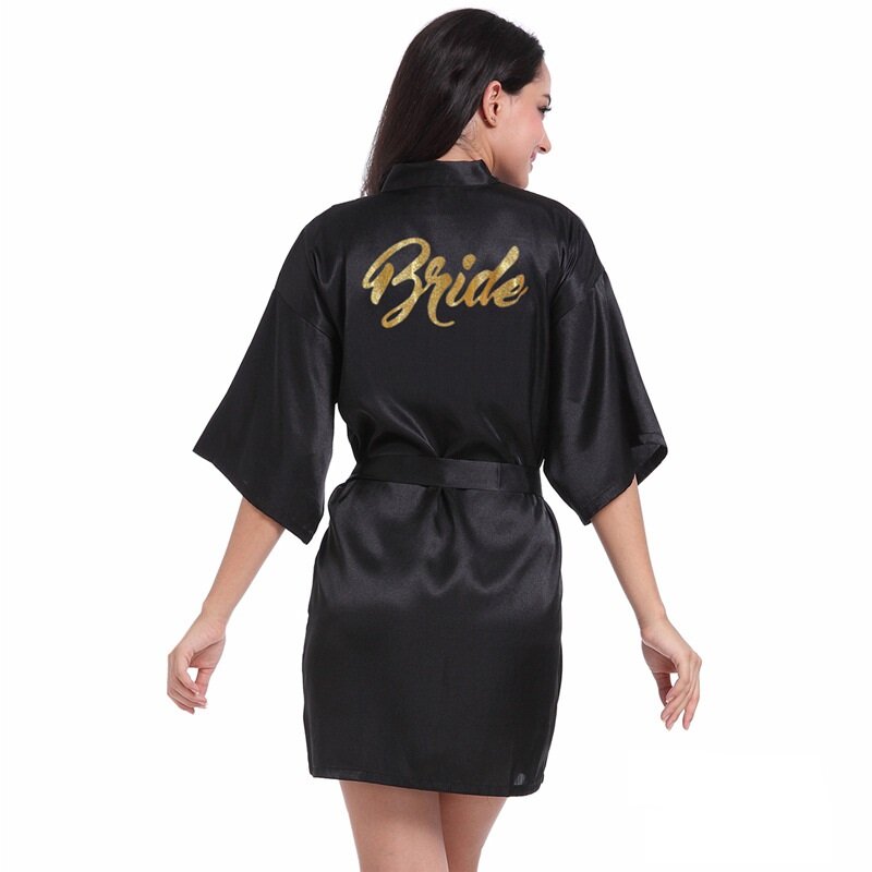 Satin Bride and Bridesmaid Silk Wedding Designer Bathrobe Short Robe with Gold Glitter For Gift