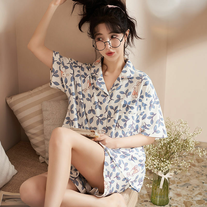 2022 nowe bawełniane spodenki z krótkim rękawem damskie piżamy zestaw Cute Cartoon piżamy japoński prosta krótka piżama kobiety bielizna nocna W184