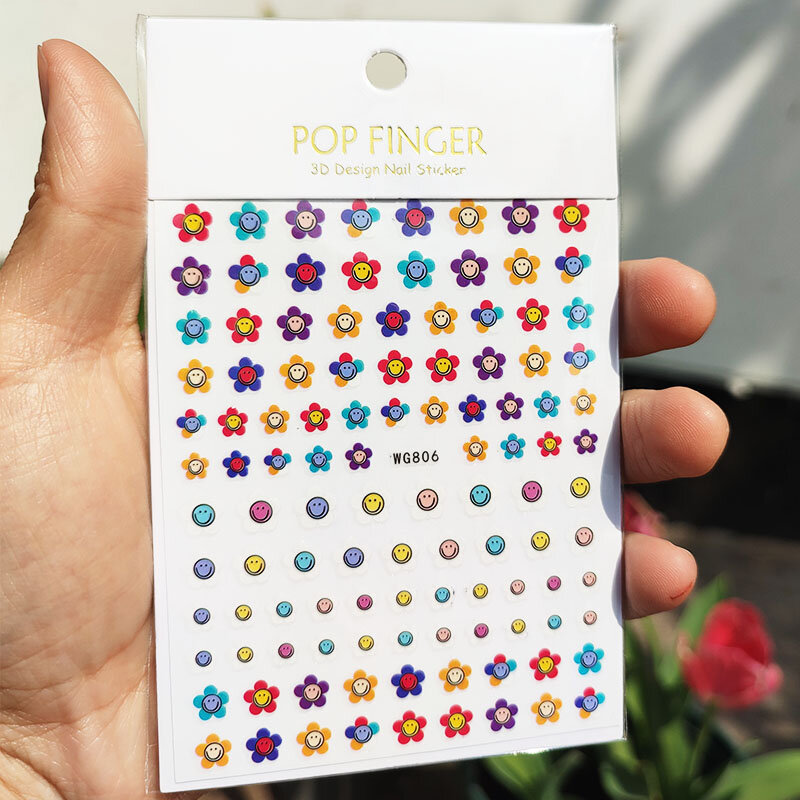 10 Buah Baru Kerajinan 3D Stiker Seni Kuku Wajah Tersenyum Berwarna Bunga Stiker Kuku Lucu Warna Permen Asal Garis Stiker Smiley