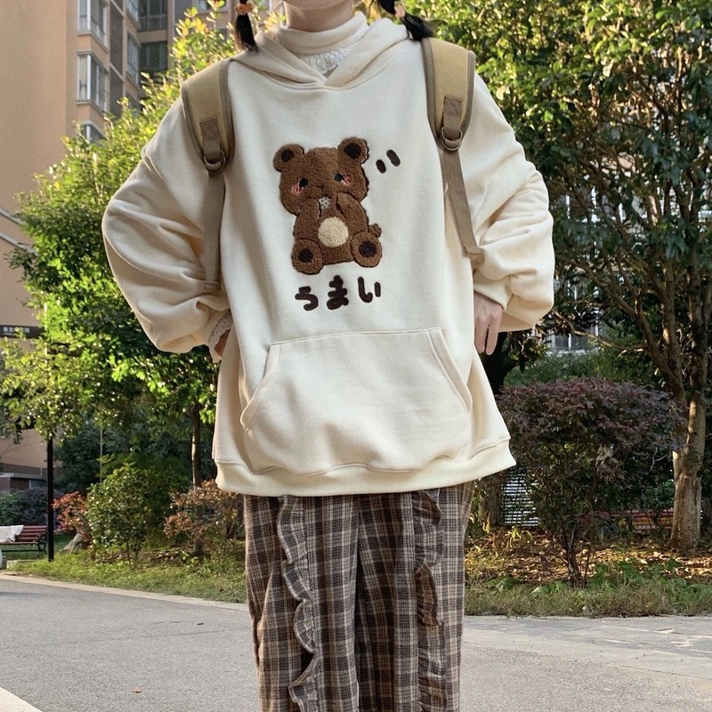 Deeptown beżowa bluza Kawaii koreański styl śliczny nadruk niedźwiedzia bluzy z kapturem Oversize kobiety Harajuku Preppy moda kobieta sweter Top