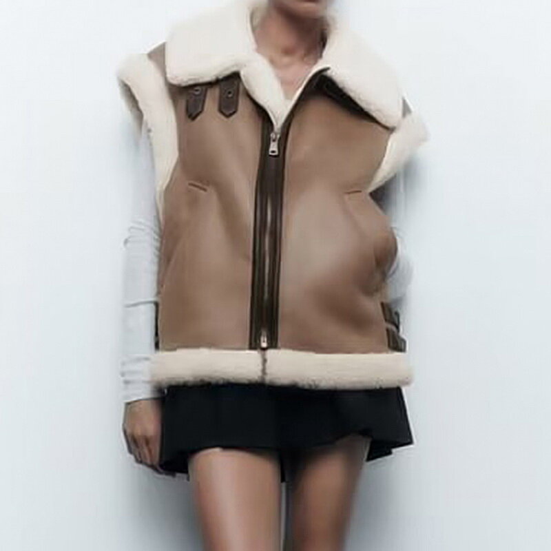 Chaleco de piel de oveja sintética para mujer, chaqueta elegante de lana de piel sintética sin mangas para Otoño e Invierno