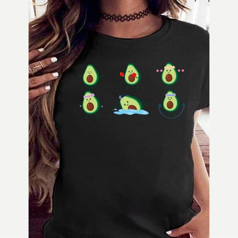 2022 패션 트렌드 아보카도 프린트 여성 티셔츠 캐주얼 오넥 여름 판매 반팔 티셔츠 편안한 소프트 스트리트 탑