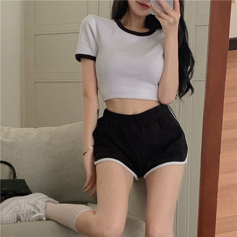 Short Sets Women Crop Top Workout Joggers Shorts Summer Patchwork Navel T-shirts All-match Sexy Slim Breathable Aesthetic Mujer