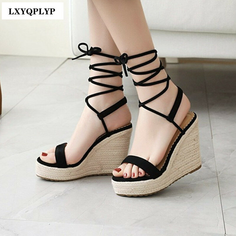 2022 Summer New Fashion Novel Word with Wedge Heel High Heel Strap Thick Bottom Straw Fairy Comfortable Sandals