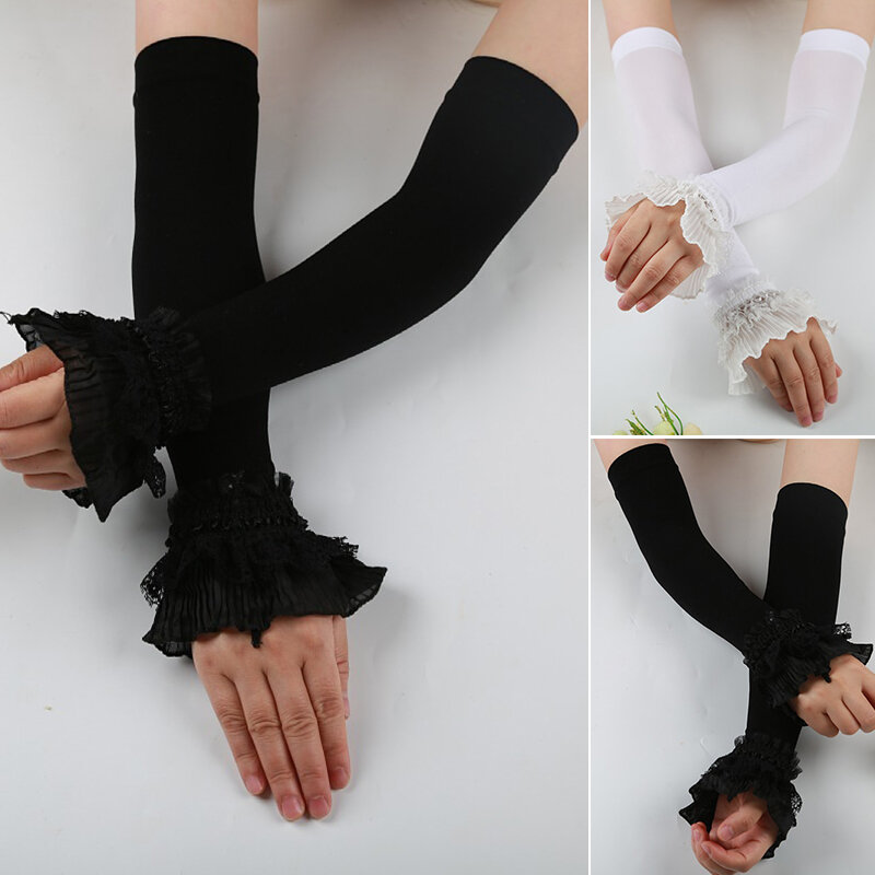 Guanti da guida a manica elastica da donna guanti a manica lunga in pizzo di seta di ghiaccio senza dita guanti in pizzo con protezione solare estiva coperta