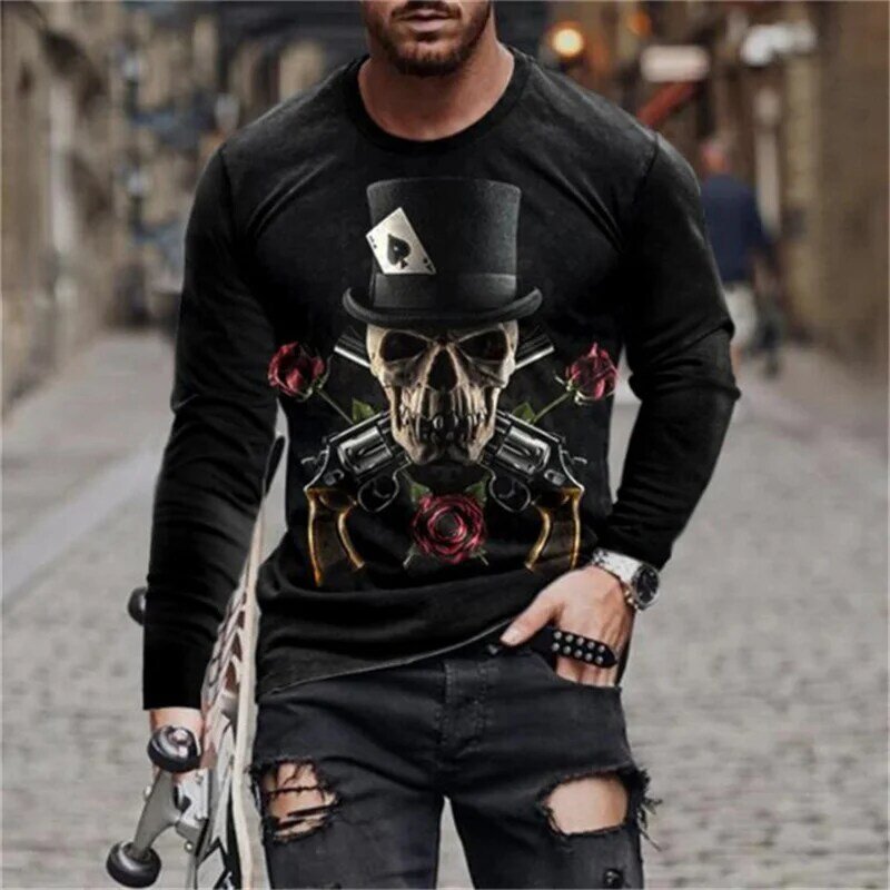 Outono novo plus tamanho masculino em torno do pescoço manga longa casual camiseta 3d horror crânio digital impresso streetwear homem de grandes dimensões tshirt