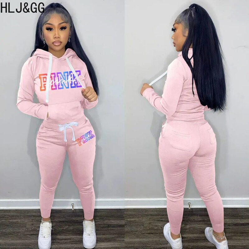 HLJ&GG Fall Winter Hooded Long Sleeve Sweatshirt And Jogger Pants Tracksuits Women PINK Letter Print Matching 2pcs Outfits 2022