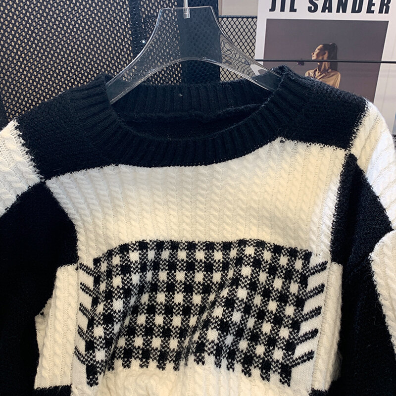 Women New Autumn Winter Vintage Plaid Knitted Sweaters Chic Long Sleeve O-neck Pullover Patchwork Overszie Sweater Female S-XL