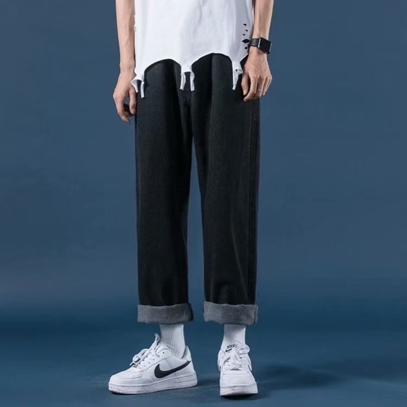 Calças de brim masculinas streetwear estilo coreano primavera verão cor sólida solta calças de brim retas meados de cintura calças de brim largas