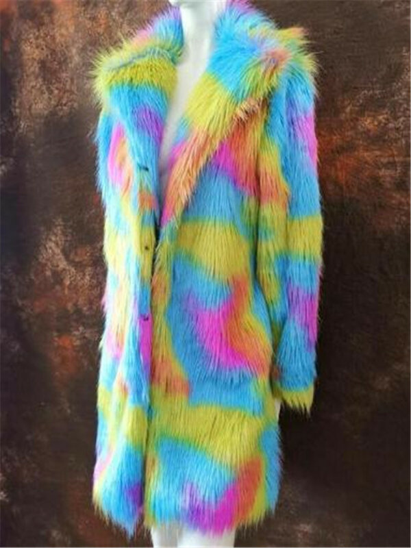 Mais novo feminino outwears pele falsa seção longa cor misturada inverno outono feminino falso casaco de pele imitação casaco colorido jb97