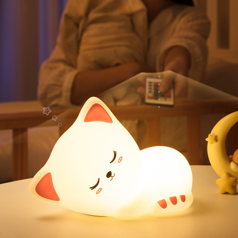 Silicone led crianças noite luz gato lâmpada para crianças quarto usb recarregável silicone nightlights para crianças decoração do quarto toque/remoto