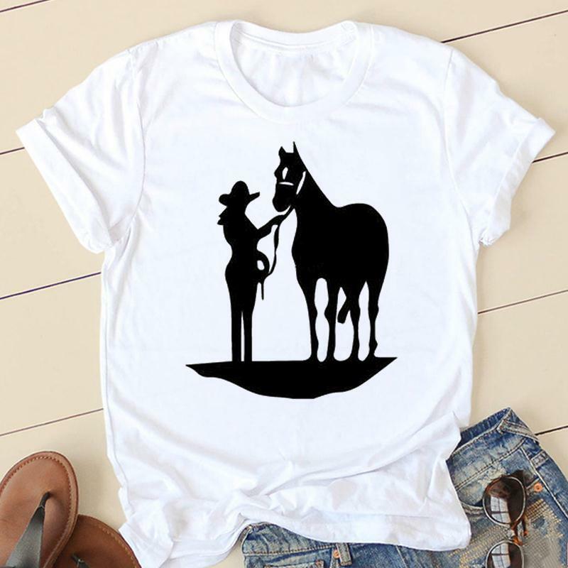 T-shirt manches courtes femme, estival et décontracté, estival et à la mode, avec motif de cheval aquarelle, années 90