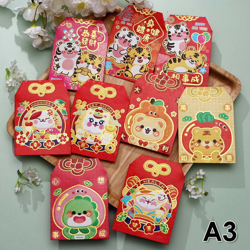 Enveloppes rouges porte-bonheur chinois, 9 pièces, dessin animé, nouvel an chinois, rouge, créatif, année du tigre, 2022