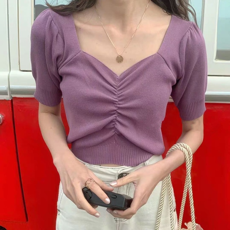 Женская короткая трикотажная футболка с квадратным вырезом, коротким рукавом-фонариком