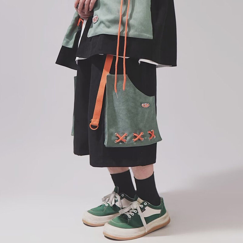 2023 New Japanese Men's Street Hip-Hop Wide-Leg Shorts Trendy Loose Straight Pants Fashion Trendy Ethnic Design Cropped Pants