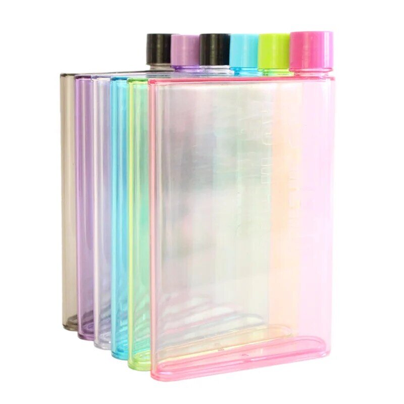 Botella plástica transparente plana con tamaño similar al papel A5 o A6, botella tetera plana estilo libreta, libre de BPA, frasco con forma de almohadilla