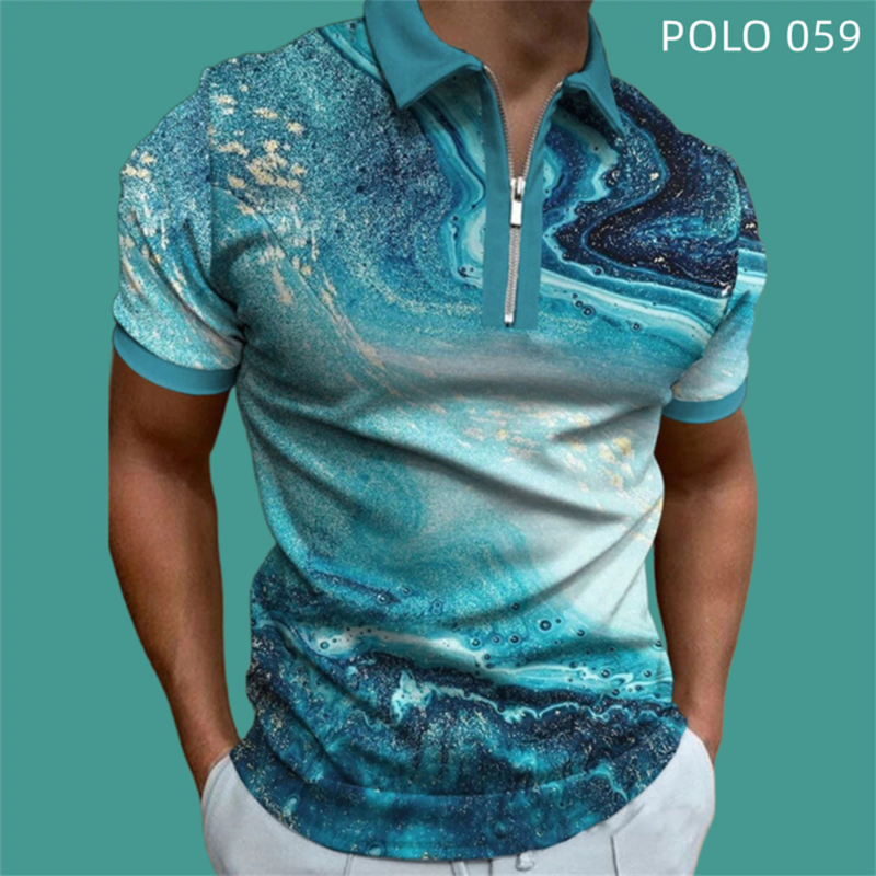 New Men Summer Short Sleeve Fashiono Oversize Polo Shirt , 3D Digital Print Casual Zipper Polo Shirt .
