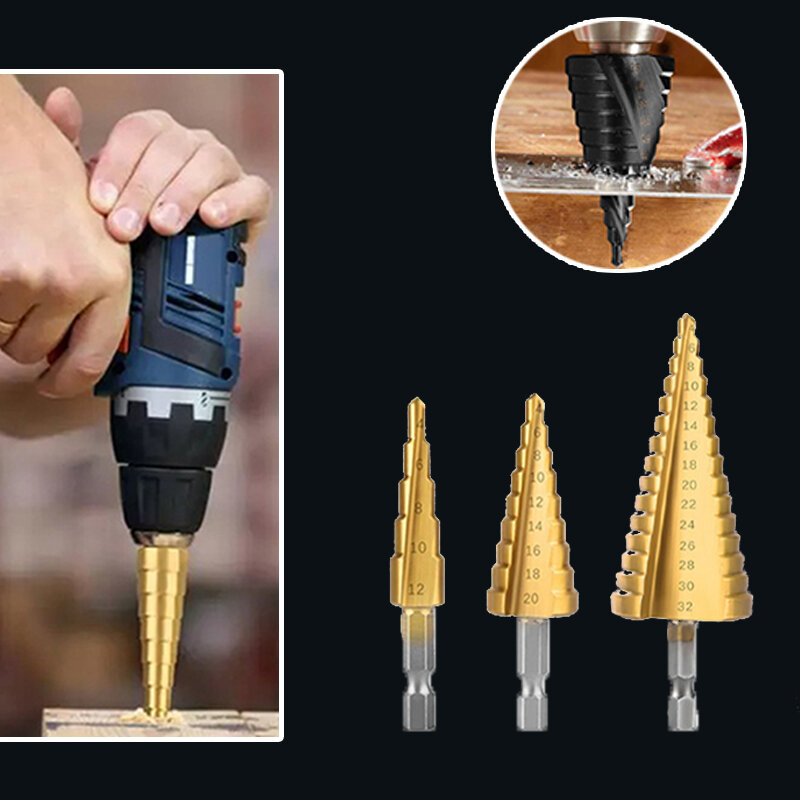 Juego de herramientas de perforación, brocas escalonadas de ranura recta HSS de 3 unids/set, 3-12mm, 4-12mm, 4-20mm, cortador de agujeros de Metal y madera recubierta de Titanio