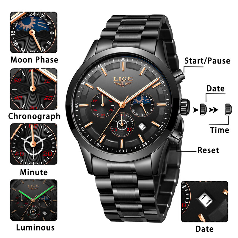 Часы наручные LIGE мужские стальные, спортивные водонепроницаемые аналоговые кварцевые с хронографом, деловые с датой