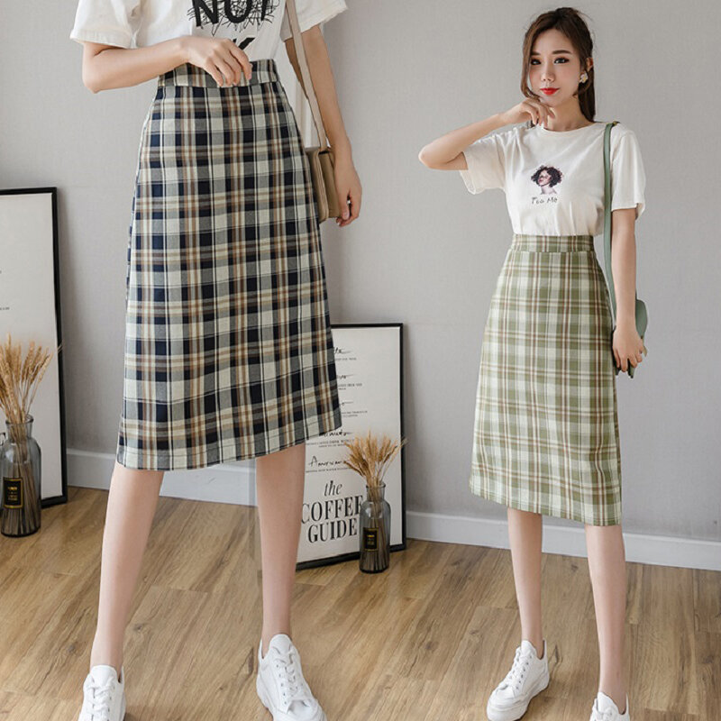 Wisher & tong vintage xadrez saia de altura cintura feminina lápis saia coreano moda volta dividir saias verdes primavera 2022 jupe femme