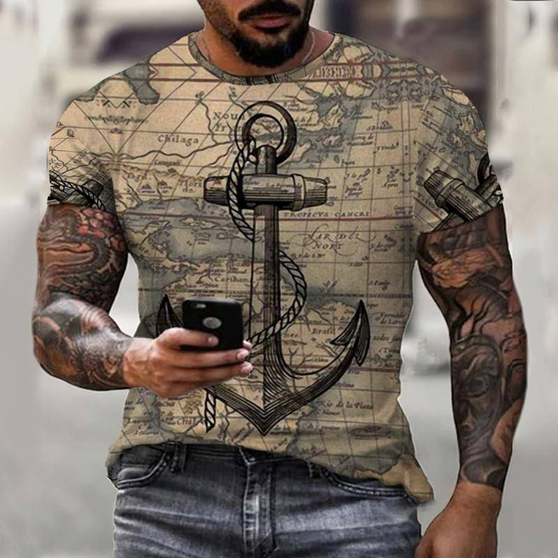 ใหม่โจรสลัดเรือกะลาสีเรือเสื้อยืดผู้ชายฤดูร้อนแผนที่ Anchor 3D ผู้ชาย Street ลำลองแฟชั่นแขนสั้น