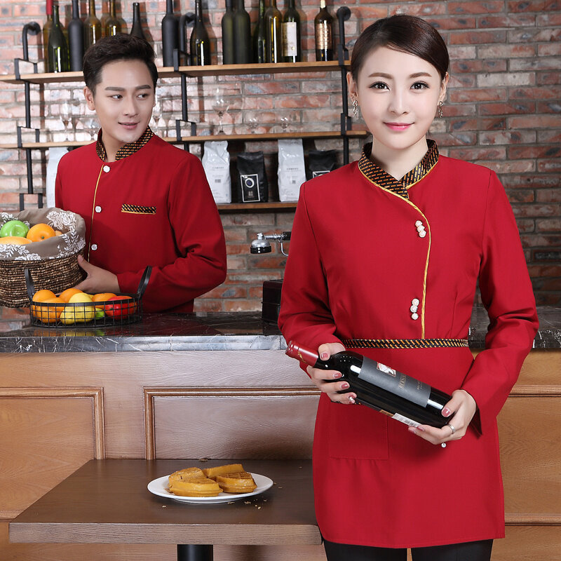 Odzież robocza hotelowa wiosenna i jesienna z długim rękawem czarna jednoczęściowa kurtka kelnerska + zestaw fartuchów restauracja kelnerka grube mundury