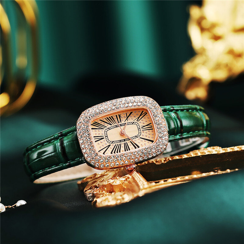ساعات يد نسائية فاخرة بيضاوية من الكوارتز ساعات معصم نسائية من الجلد الأخضر ساعة يد نسائية كوارتز هدايا نسائية