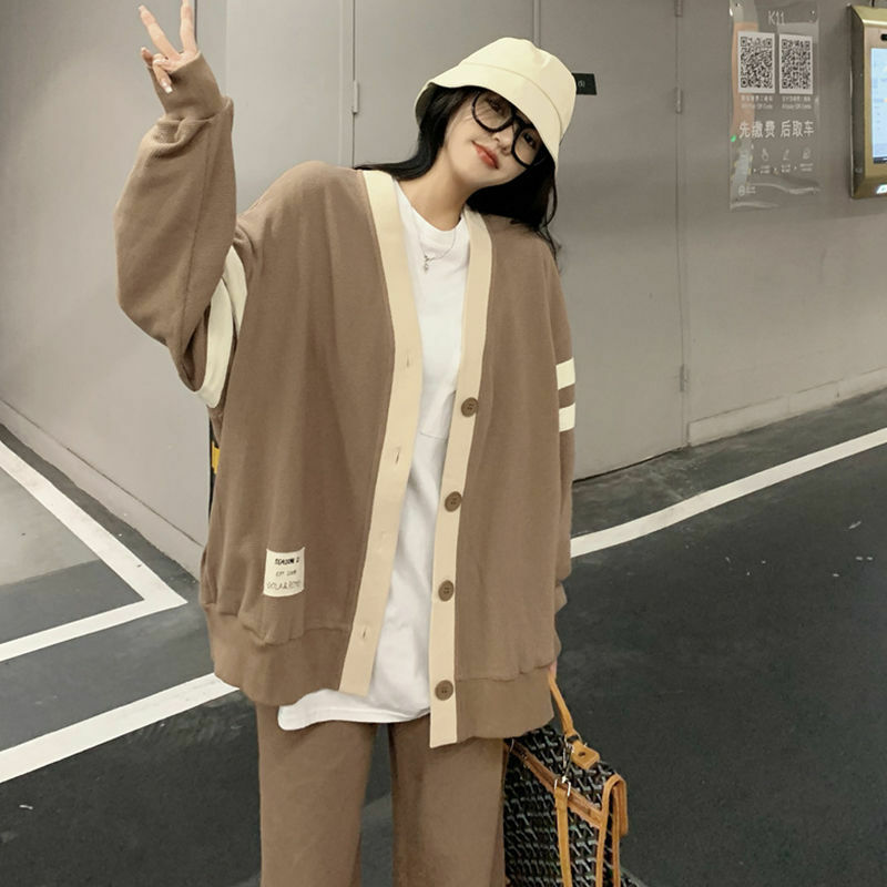 Leisure Sports Suit Women's Spring New 2022 Lazy Style Cardigan Sweater Jacket Wide Leg Straight Pants Two-piece Women's Suit