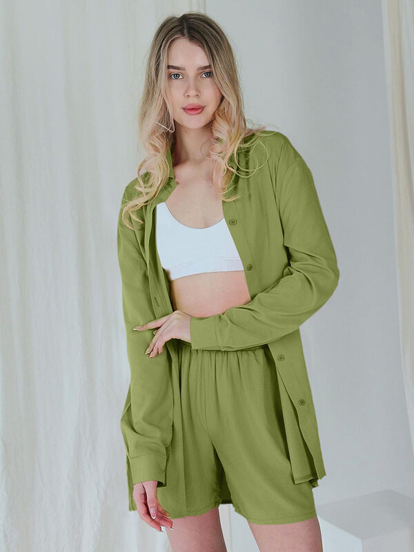 Hiloc Green Full Sleeves Sleepwear Lapel Loose Loungewear Women Set High Waist Single-Breasted Women's Home Clothes 2023 New