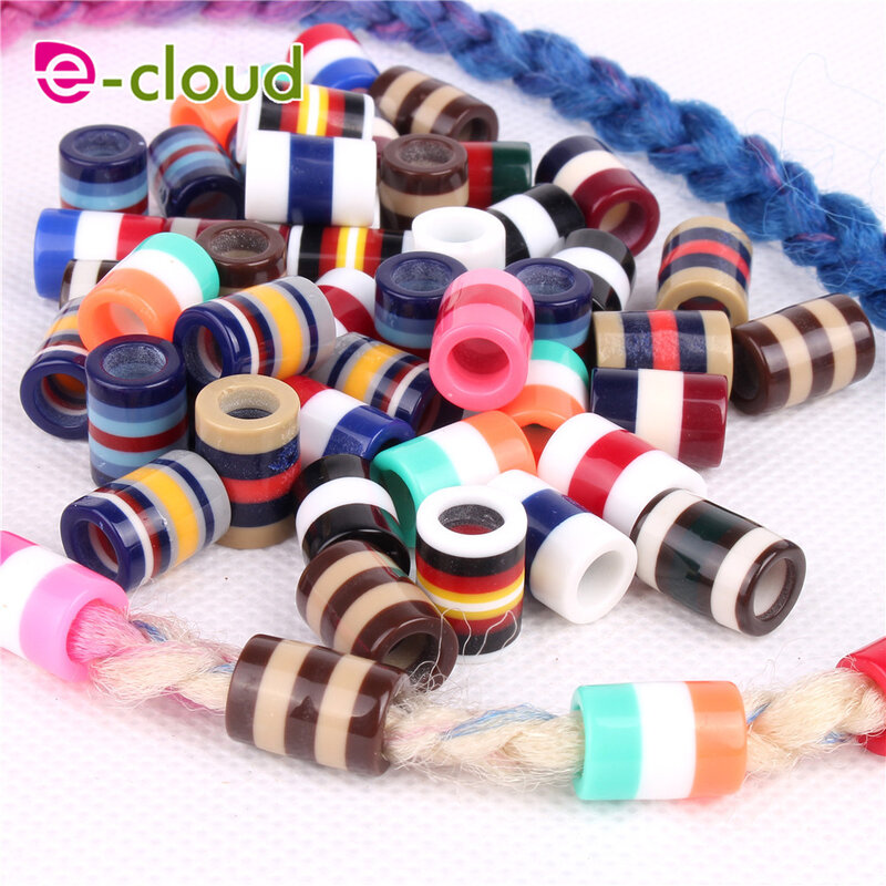 50pcs Colorful Resin Dreadlock Beads Rainbow Stripes Pattern Hair Braid Cuffs Clips 6mm Hole Tube Braids Styling Accessory