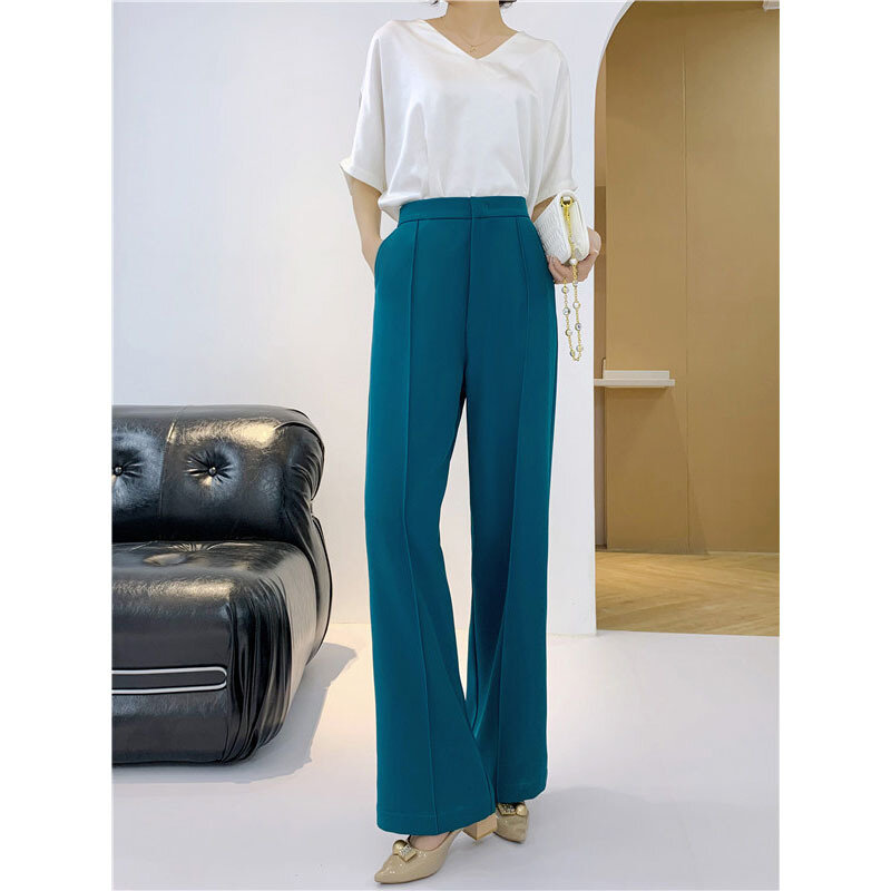 Black Straight Suit Pants Mulheres 2023 Wide-leg Calças Primavera Outono pendulares Drape Slim Casual Long High Waist Office Lady