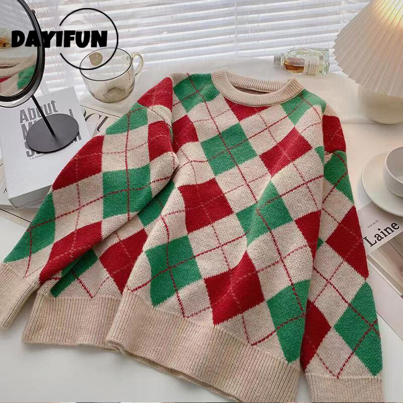 DAYIFUN Sweater Women's Round Neck Colorblock Plaid Knitted Pullover Autumn Winter Korean Loose Long-sleeved Knit Jumpers Inside