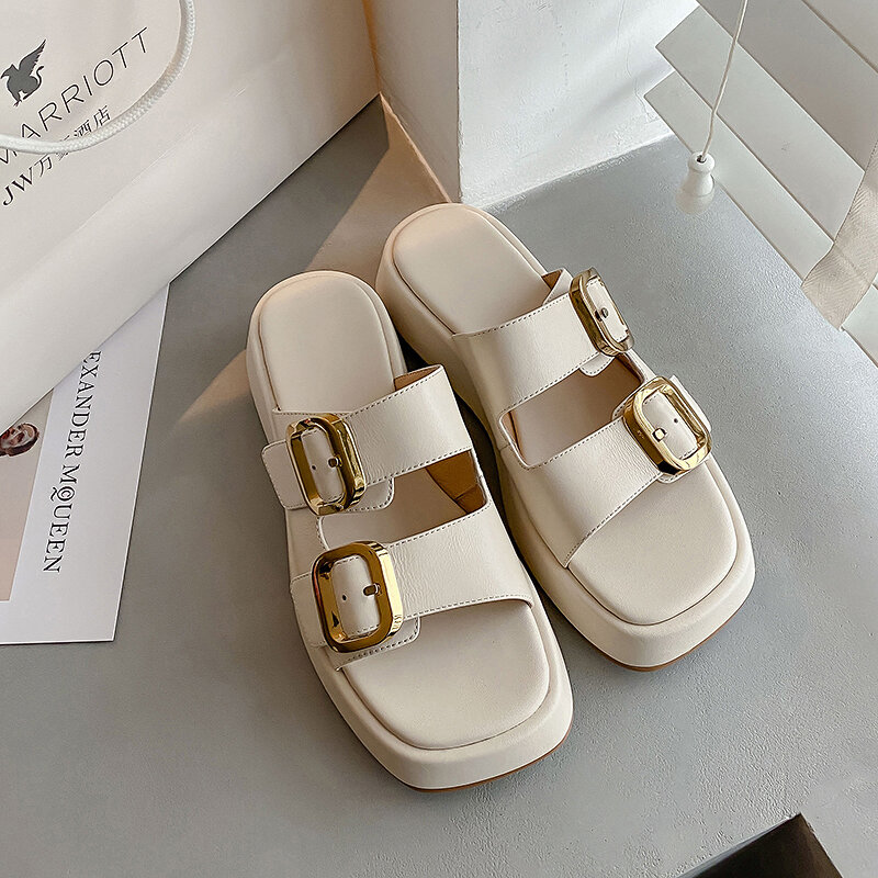 Thick Bottom Casual Women's Slippers Full Genuine Leather Buckle Decoration Summer Shoes for Women Fashion Ladies Outdoor Shoes