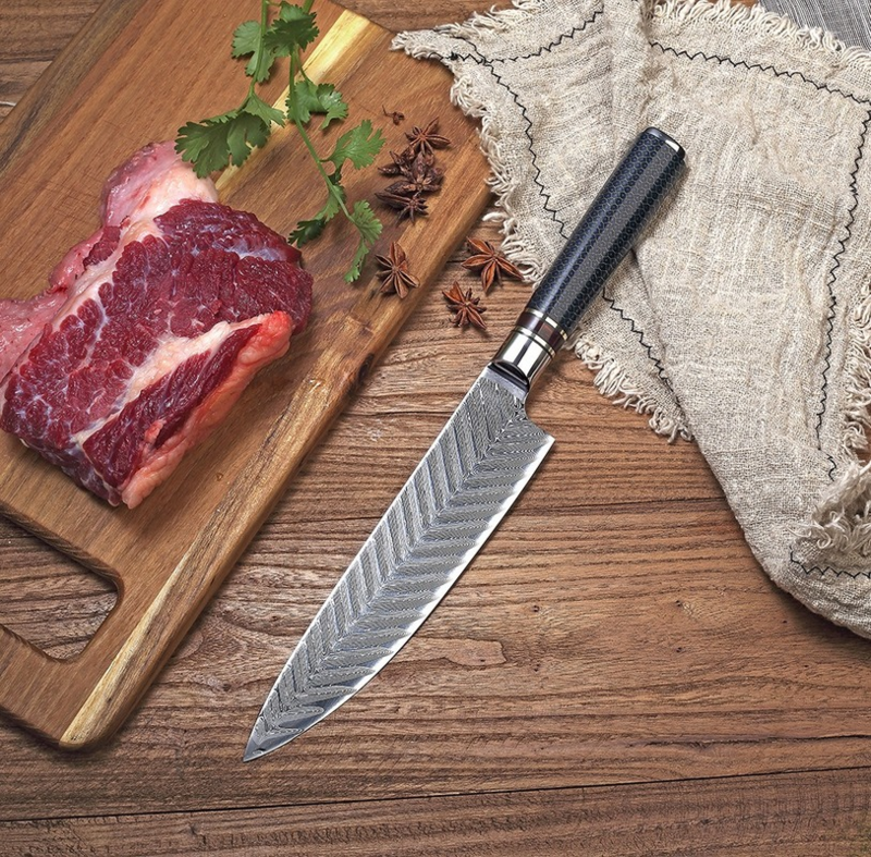 Couteau de Chef japonais en acier, damas 67 couches, manche de 8.5 pouces, couteau de cuisine en acier à haute teneur en carbone, ensemble de couteaux en bois solidifié