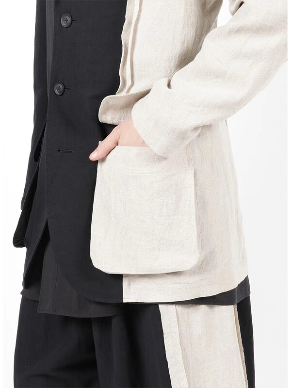 Lniane marynarki dwukolorowe szwy Unisex kurtki yohji yamamoto mężczyźni homme japonia styl odzież męska dopasowane kolory blazer topy