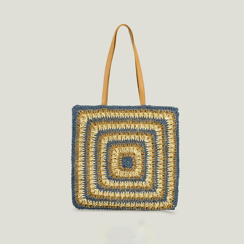 Vintage Crochet Hook Straw Handbag Women Square Beach Shoulder Bag Fashion Stripe Tote Ladies Summer Shopper Underarm Bags Ins