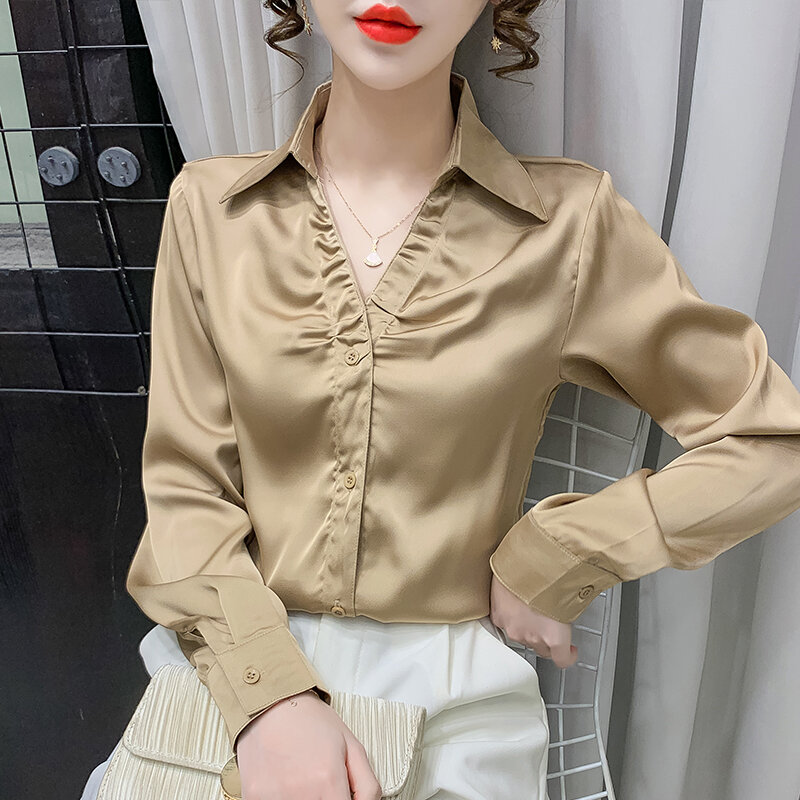 Solid color Button Up Satin Silk Shirt Vintage Spring Autumn New Pleated V-neck Women Tops Long Sleeve Women Shirts Blouses 850F