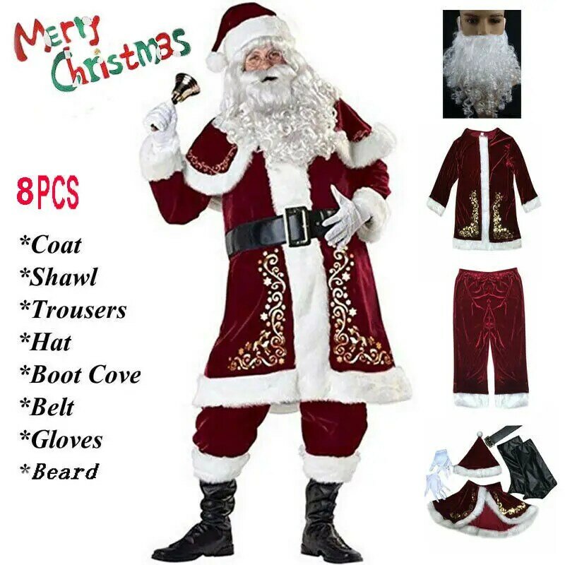 Kostum Natal Cosplay Pria Dewasa Setelan Santa Klaus Kostum Mewah Beludru Merah 8 Potong Set Kostum Keluarga Pesta Natal